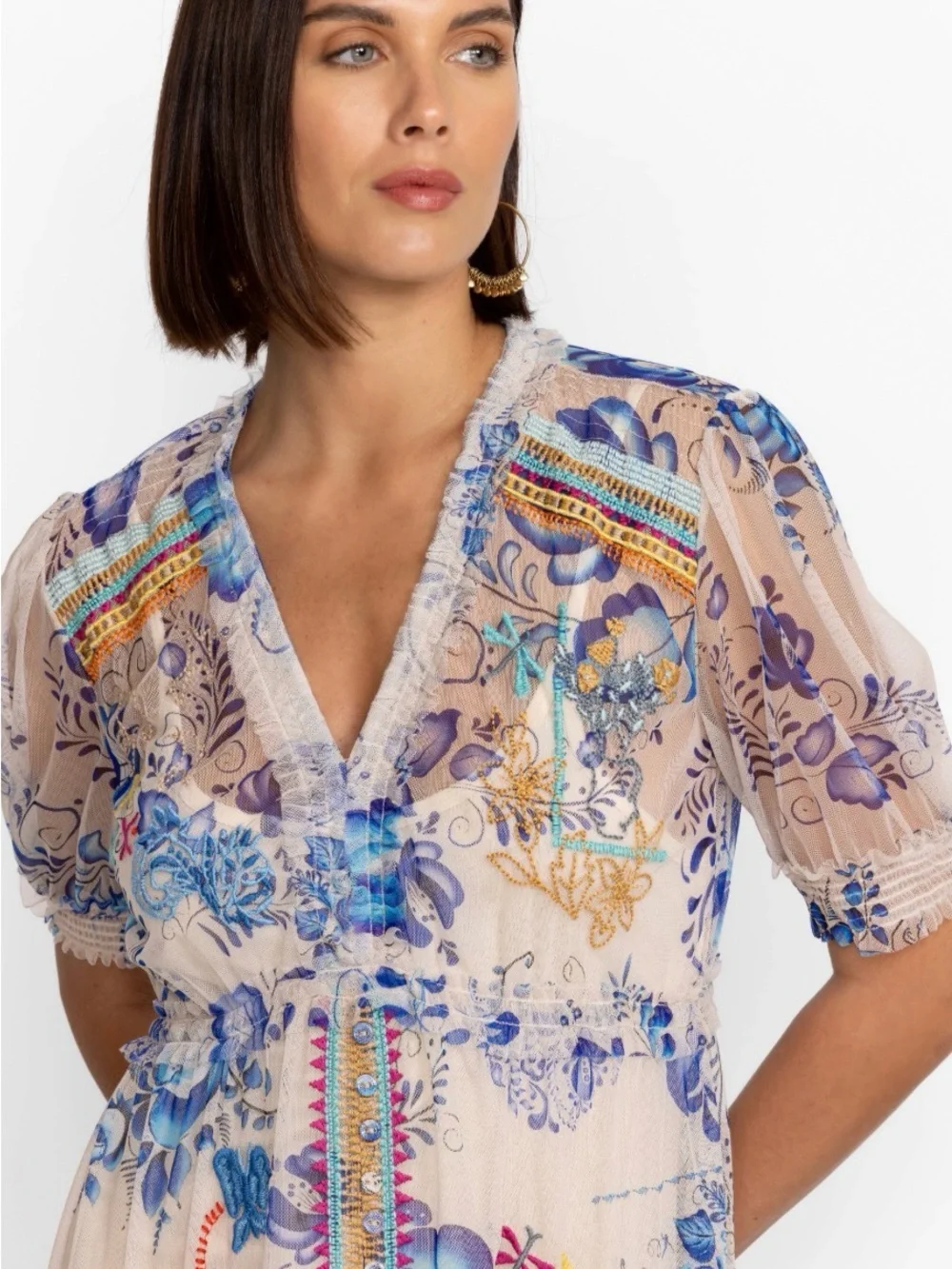 Johnny Was Mazzy Ruched Dress Farrowen Floral Midi Dress